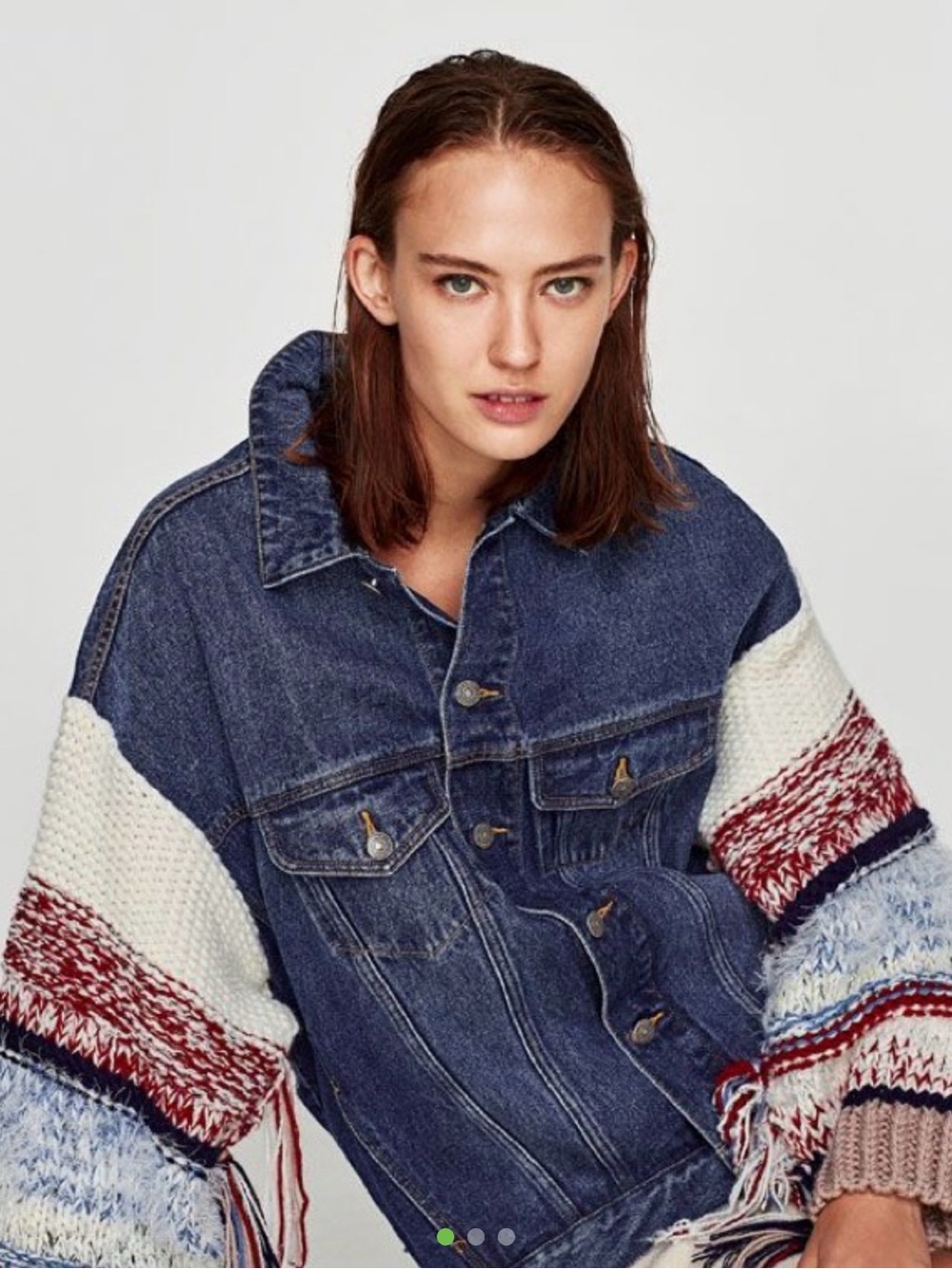 Zara Blue Denim Jacket with White and Maroon Knit Sleeves
